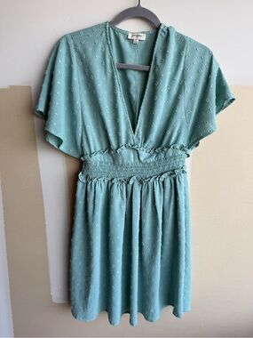 Umgee Sage Green V-Neck Smocked Mini Dress